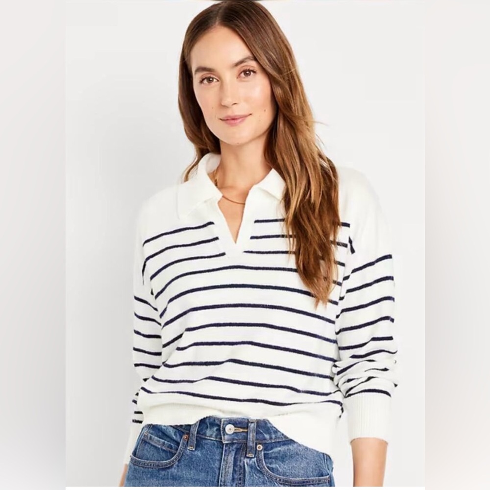 Old Navy Striped White and Navy Women's V-Neck Collared Sweater Sz L Summer Edit